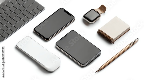 Obraz na płótnie Smartphones and accessories arranged on a white isolated background. w salonie