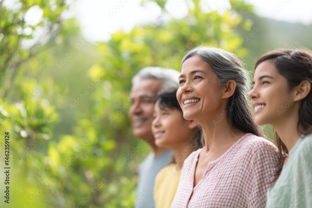 happy multigenerational family enjoying sunny day outdoors surrounded by vibrant greenery with blurred silhouettes happy multigenerational family enjoying sunny day outdoors surrounded by vibrant greenery with blurred silhouettes