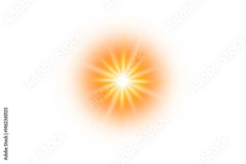 Abstract orange light element with sun rays effect. Bright glowing orange and yellow starburst effect with radiant energy beams isolated on transparent background
