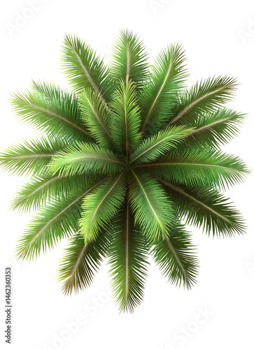 Top-down view of a palm tree. Lush green foliage