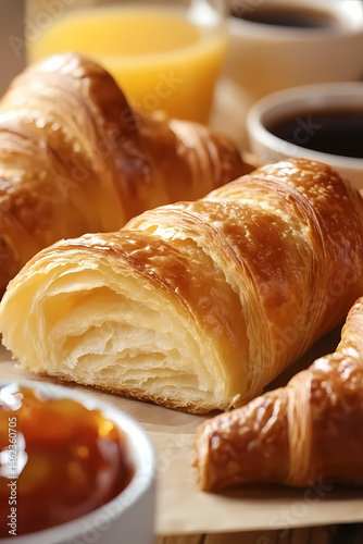 Cozy Cafe Breakfast with Fresh Croissants and Orange Juice on Wooden Table