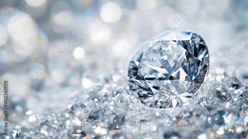 A close up shot of a large diamond sitting on a pile of smaller diamonds with a bokeh background