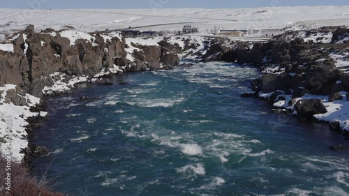 Skjalfandafljot river near Godafoss waterfall. Skjalfandafljot River Bank at the Opposite Side of Godafoss Waterfall, Northern Region of Iceland