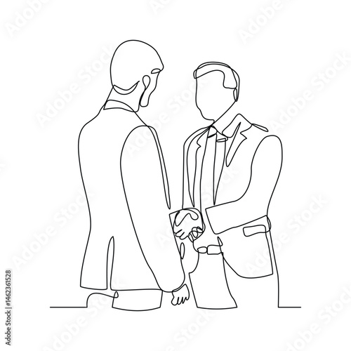 Continuous line sketch drawing of two businessman shaking hands from top view. Vector illustration editable stroke business success big deal