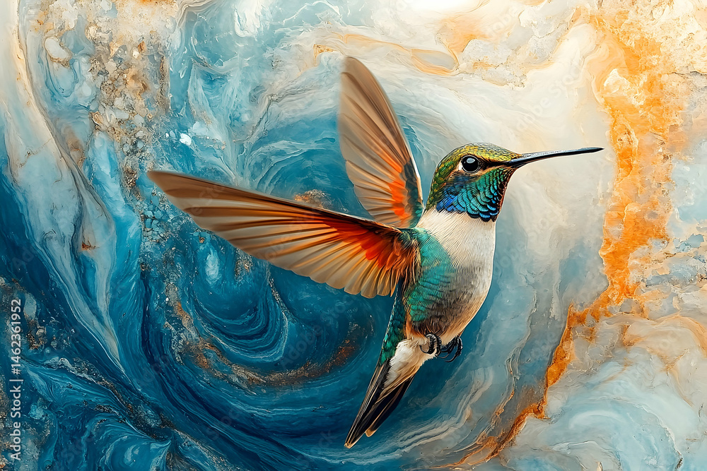 Fototapeta premium Vibrant hummingbird in a swirling abstract design.