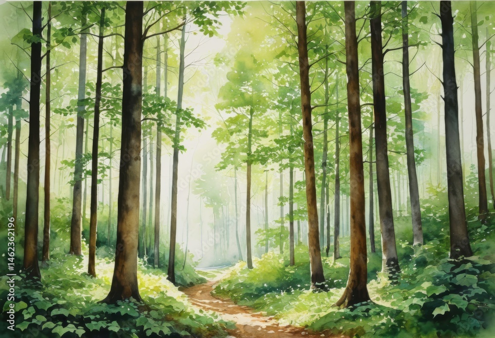 Obraz premium Draw a path in a forest with trees and grass
