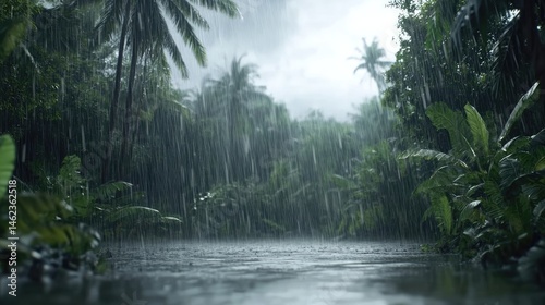 Tropical rainforest downpour; lush vegetation, heavy rainfall, flooded creek