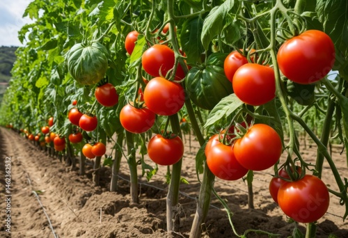Tomatoes growing on vines in fields with earth