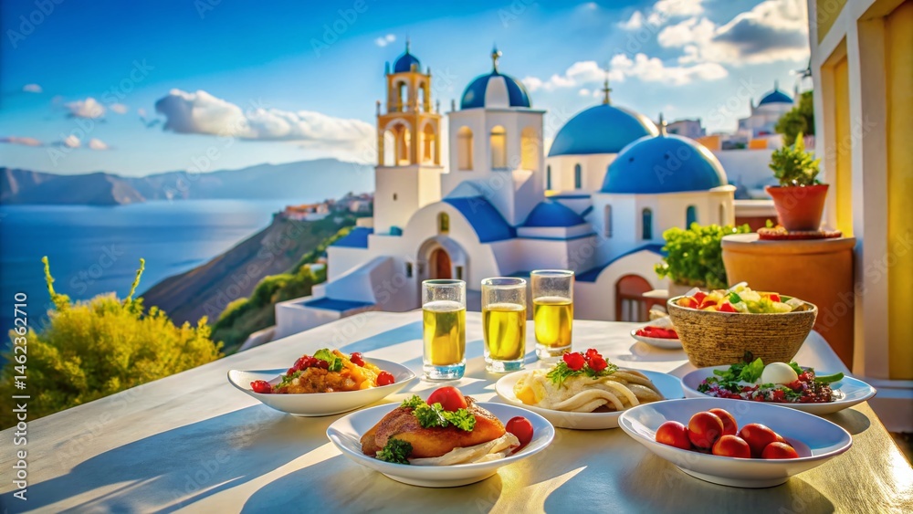 Fototapeta premium Santorini Oia Church & Cemetery: Scenic Greek Island Food Photography