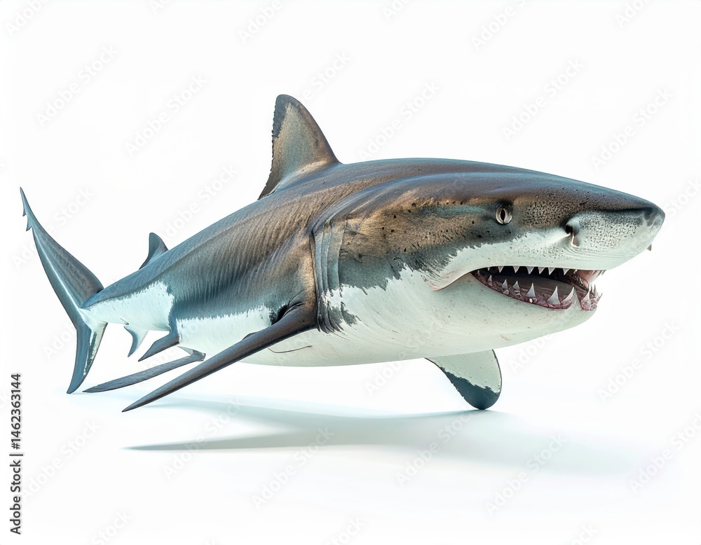 Naklejka premium A large great white shark swims in clear water, displaying its sharp teeth and powerful body.