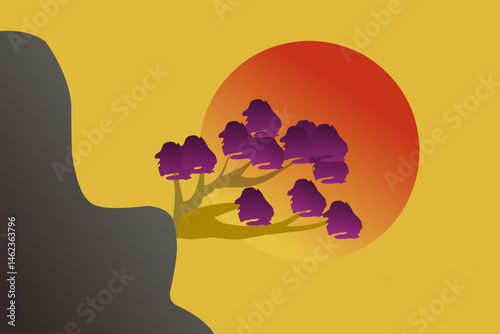 sunset vector design with bonsai on the cliff