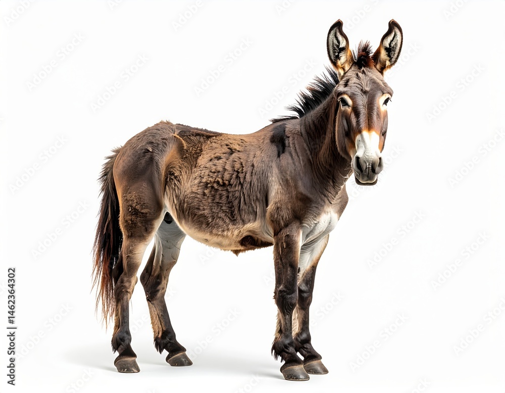 Obraz premium A brown mule stands upright on a white background, facing forward with alert ears and a shaggy coat.