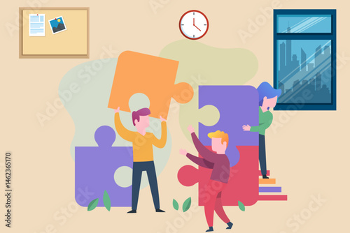 Business Teamwork Concept. Vector illustration in flat style of puzzle pieces with different people in business suits in each - talking to each other. Isolated on background.