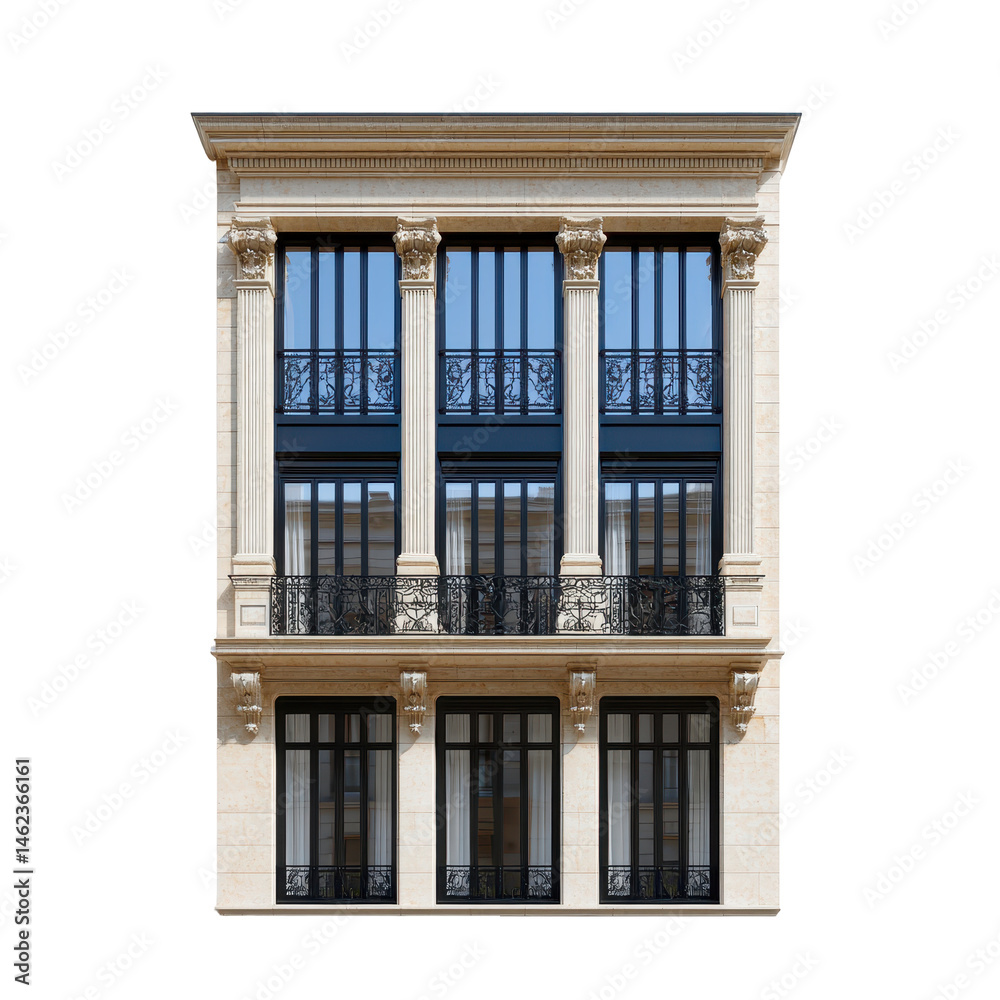 Fototapeta premium Elegant Architecture of Classic Building Facade with Balconies and Decorative Details in Urban Setting on transparent background