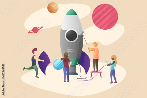Business Startup Concept. Vector cartoon illustration of a group of diverse people in business suits assembling a rocket for launch. Isolated on background.