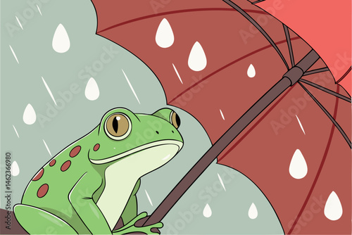 Cute Green Frog Under Red Umbrella in Rainy Weather
