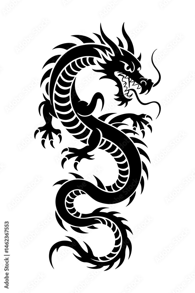 A vector silhouette of a Chinese mythical dragon tribal tattoo, isolated on a white background. A vector silhouette of a Chinese mythical dragon tribal tattoo, isolated on a white background.