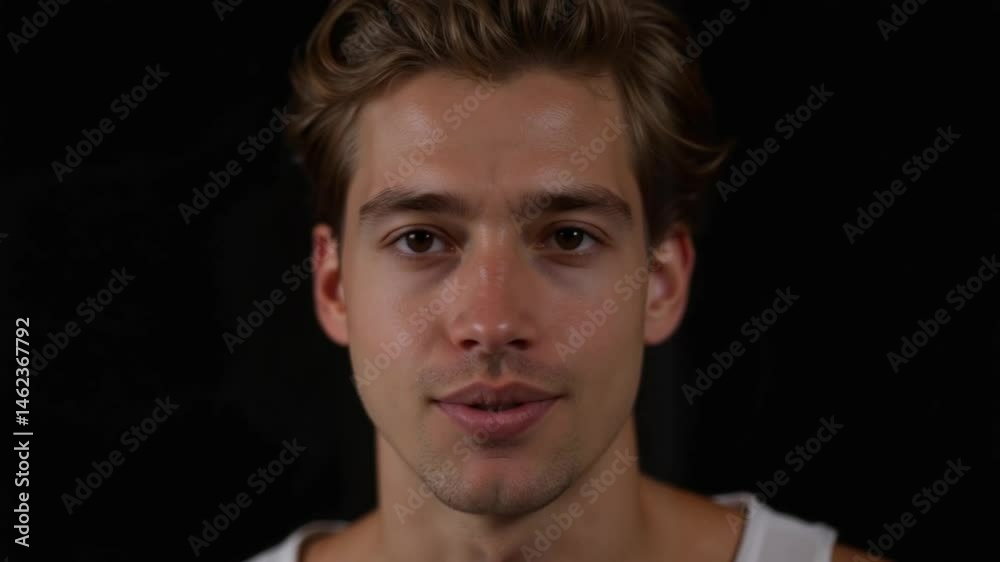 Young man expressing calmness against a dark background Young man expressing calmness against a dark background