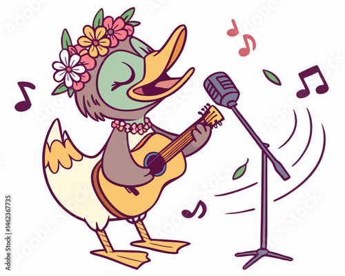 Cute Duck Singing with Guitar and Microphone Cartoon Illustration