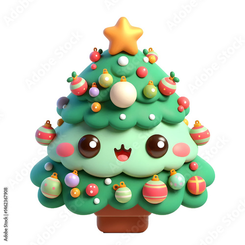 3D CUTE christmas tree with balls In bright colors style illustration isolated on white background