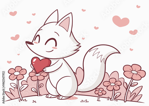 Adorable White Fox Holding Heart in Flower Garden Valentines Day Illustration