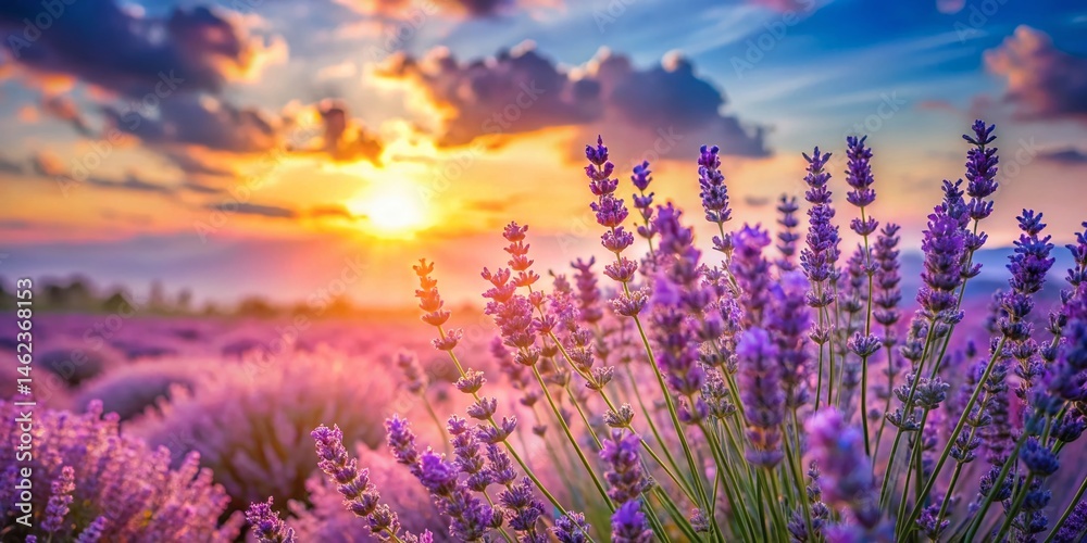 Fototapeta premium Serene Lavender Bush in Pastel Tones Against a Bright Sunny Sky - Stock Photo