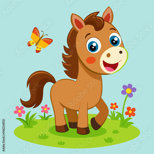 Cute Brown Pony in a Flower Meadow with Butterfly