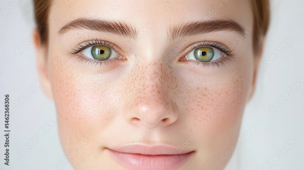 Womans Face Freckles and Eyes Natural Beauty Soft Lighting Portrait Close-Up Shot Subtle Rosy Tones Peaceful Expression Neutral Background Soft Peach Tones Skincare Advertising Womans Face Freckles and Eyes Natural Beauty Soft Lighting Portrait Close-Up Shot Subtle Rosy Tones Peaceful Expression Neutral Background Soft Peach Tones Skincare Advertising