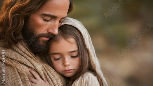 Jesus Christ holding a young girl, comforting and protecting her with love.