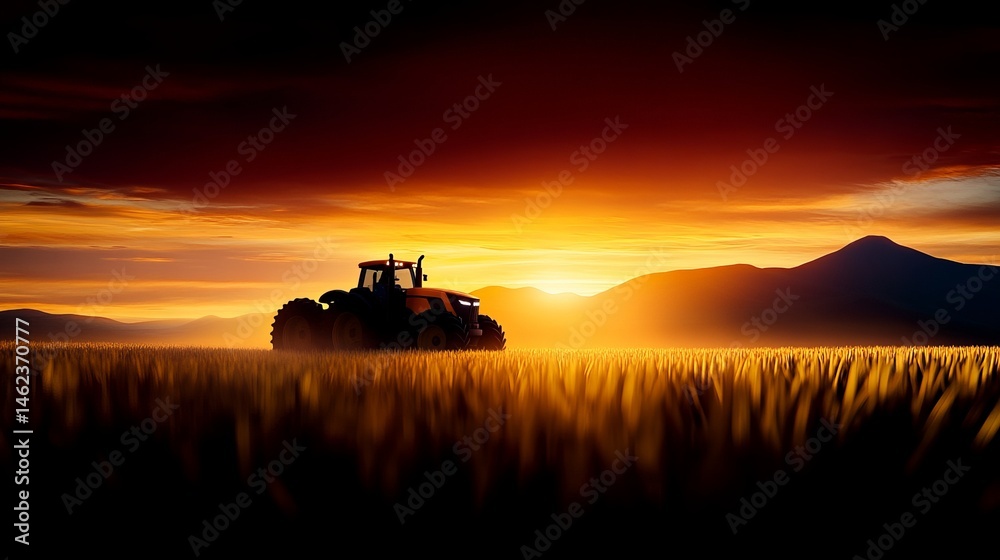Fototapeta premium Tractor stands in a golden wheat field under a dramatic sunset with distant mountains, creating a stunning silhouette.