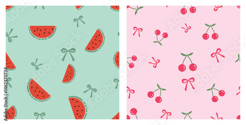 Seamless pattern with watermelon, cherry fruit and ribbon bows on green and pink backgrounds vector. Cute fruit print.