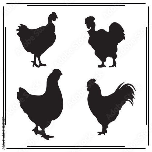 Chicken and Rooster Silhouettes – Vector Illustration of Farm Birds Isolated on White Background – Black Poultry Shapes for Agriculture, Barnyard, Rustic Decor, and Design Themes.


