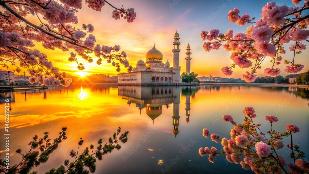 Fototapeta premium Serene Sunset Mosque Reflection: Pink Trees & Tranquil Waters