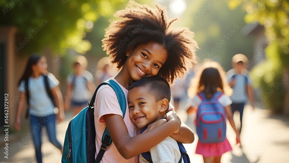 Fototapeta premium Back to school african american children hugging sibling love elementary school students friendship education
