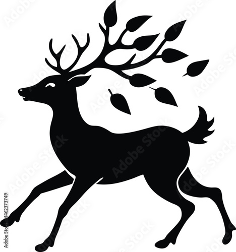Running Stag Silhouette with Flying Leaves on Plain Background