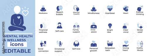 Modern vector icons for mental health, wellness, therapy, and self care clean, editable design for apps, web, and education