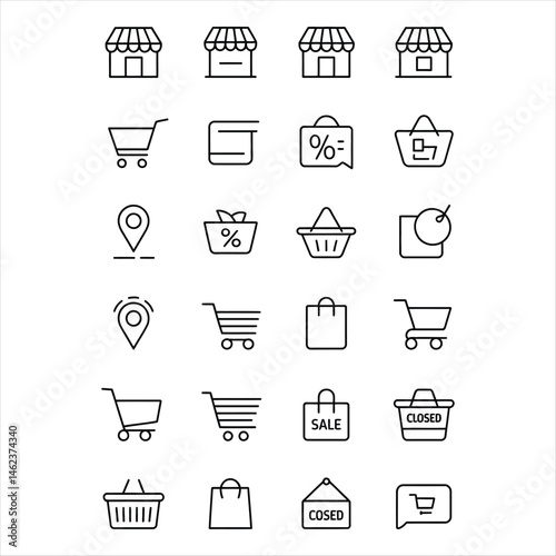 Stylized black and white silhoMinimalist black and white line art icons set for e-commerce and retail shopping conceptsuette of a fashionable woman with shopping bags in elegant pose