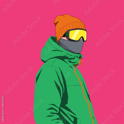 Person in Ski Gear: Green Jacket, Orange Beanie, Goggles, Face Mask