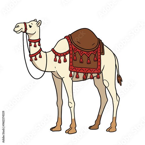 Cartoon Camel with Decorative Red and Brown Saddle and Bridle