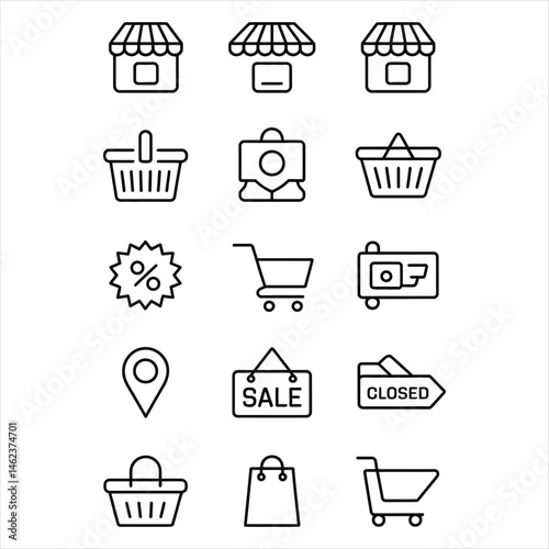 Stylized black and white silhoMinimalist black and white line art icons set for e-commerce and retail shopping conceptsuette of a fashionable woman with shopping bags in elegant pose