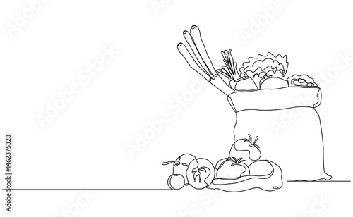 Continuous line sketch drawing of shopping grocery paper bag full of fresh fruit and vegetable. One line drawing of healthy food lifestyle. Vector illustration editable stroke