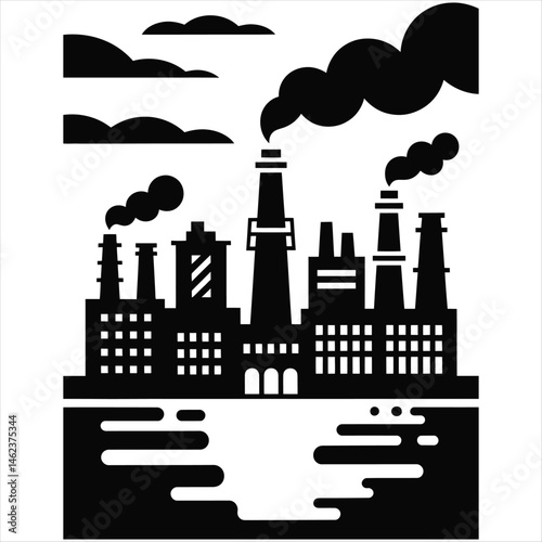 Minimalist black and white vector icons of industrial buildings and factory silhouettes with bold geometric shapes