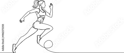 continuous single line drawing of female athlete running, line art vector illustration