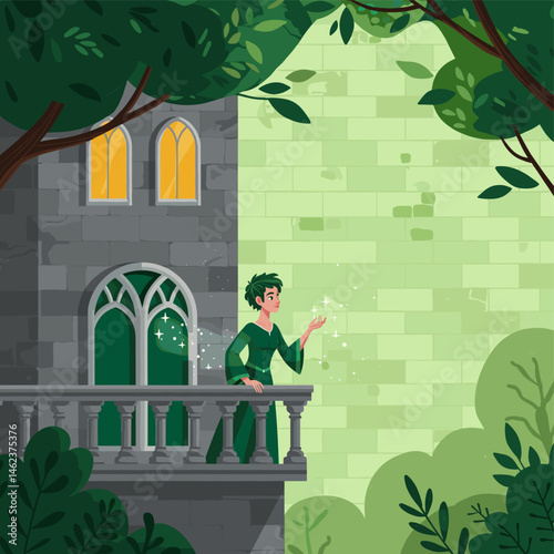 Fairytale Character in Green Dress on Castle Balcony with Magic