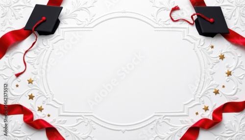 Elegant graduation background with ornate white frame, black caps, red ribbons, and golden stars, creating a celebratory and sophisticated academic announcement.