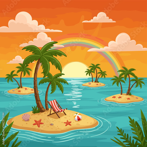 Tropical Islands Sunset with Palm Trees, Beach Chair, and Rainbow