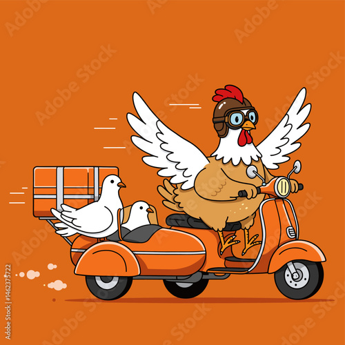 Chicken Aviator with Doves Delivering Package on Orange Scooter