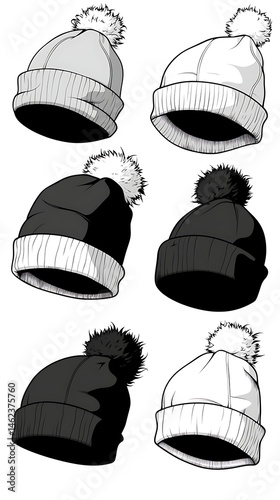 Six winter beanie designs with pom-poms