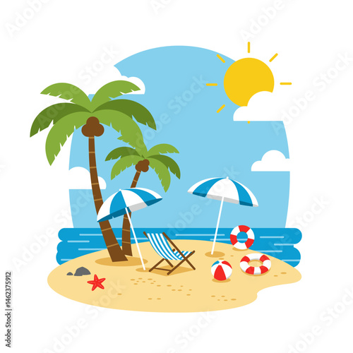 Tropical Beach Island with Umbrellas, Chair, and Palm Trees - Flat