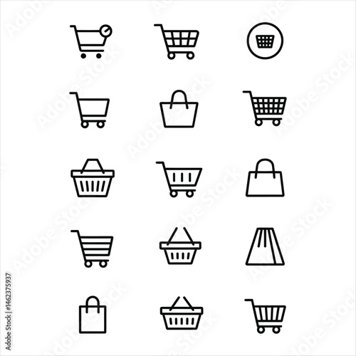 Minimalist black and white line art shopping icons set for e-commerce and retail interface design